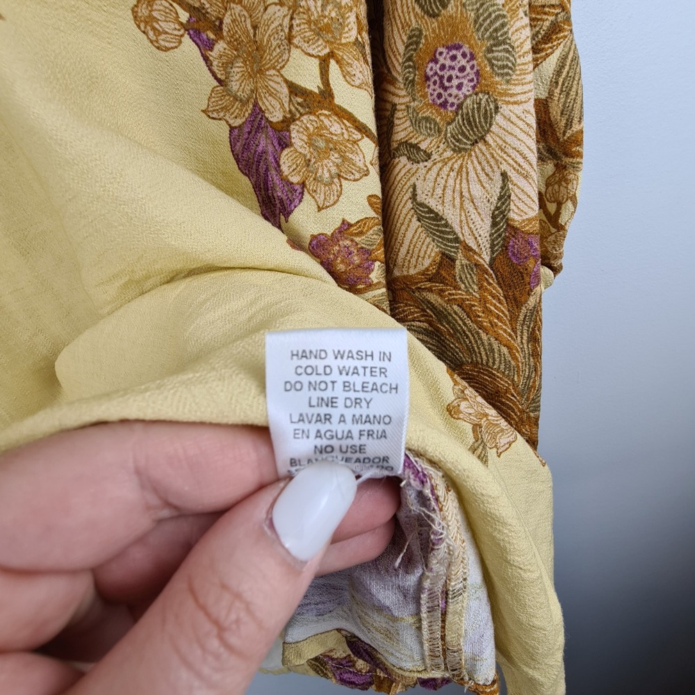 Entro Womens 1X Yellow Floral Boho Blouse Ruched Tie Sleeve Rayon Top Earthy Art - Picture 6 of 11